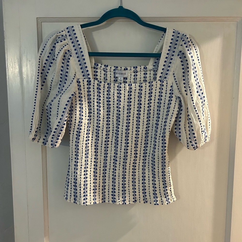 Evereve Blue and White Smocked Fitted Blouse NWT